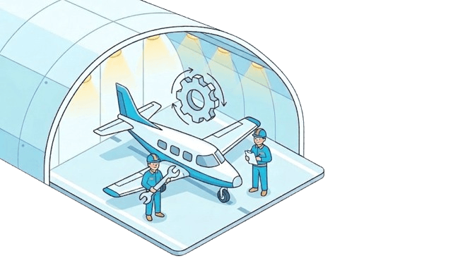 A small airplane in a hangar being serviced by two technicians