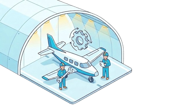 A small airplane in a hangar being serviced by two technicians
